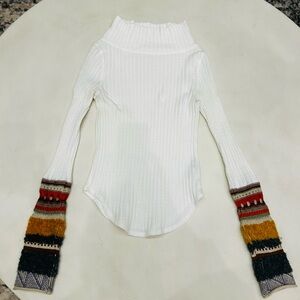 Free People White Ribbed Turtleneck with Colorful Cuffs